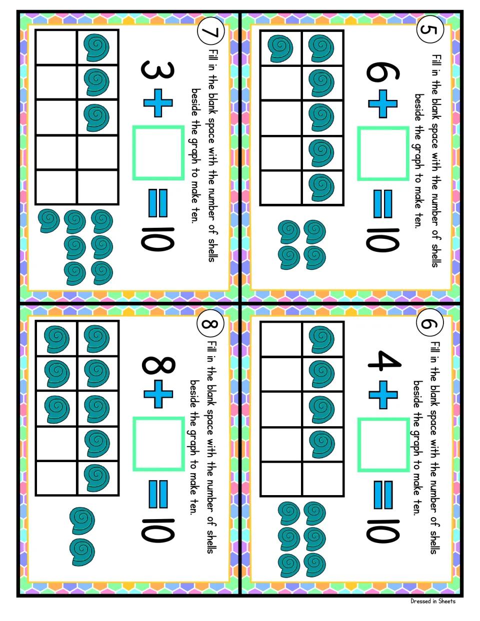 Making ten cards 5 to 8: students use shell ten frames to find what adds to 6, 4, 3 and 8 to make 10