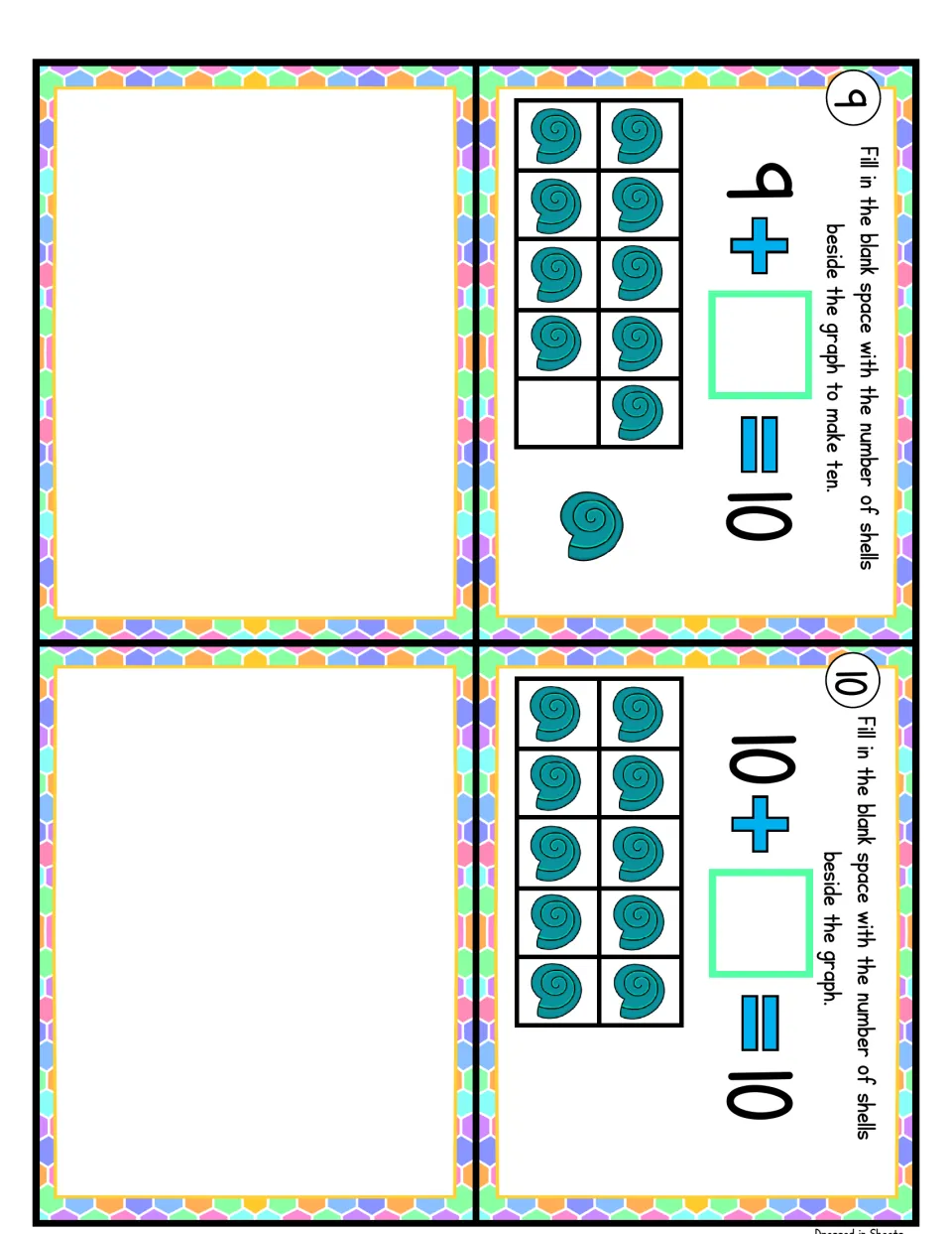 Making ten cards 9 and 10: students count shells to solve 9 + _ = 10 and 10 + _ = 10; the other two cards are blank