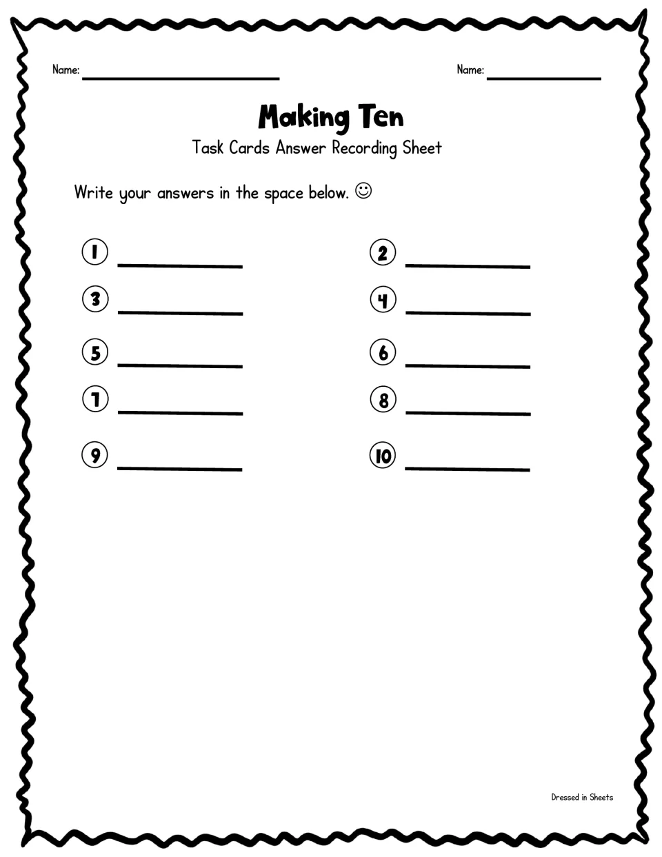 Making ten answer recording sheet: students write their missing-addend answers for task cards 1 to 10