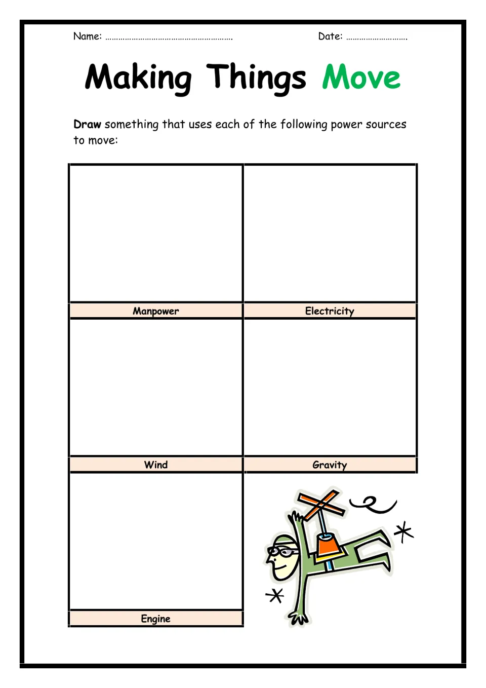 Power sources that make things move: students draw an object powered by manpower, electricity, wind, gravity and an engine
