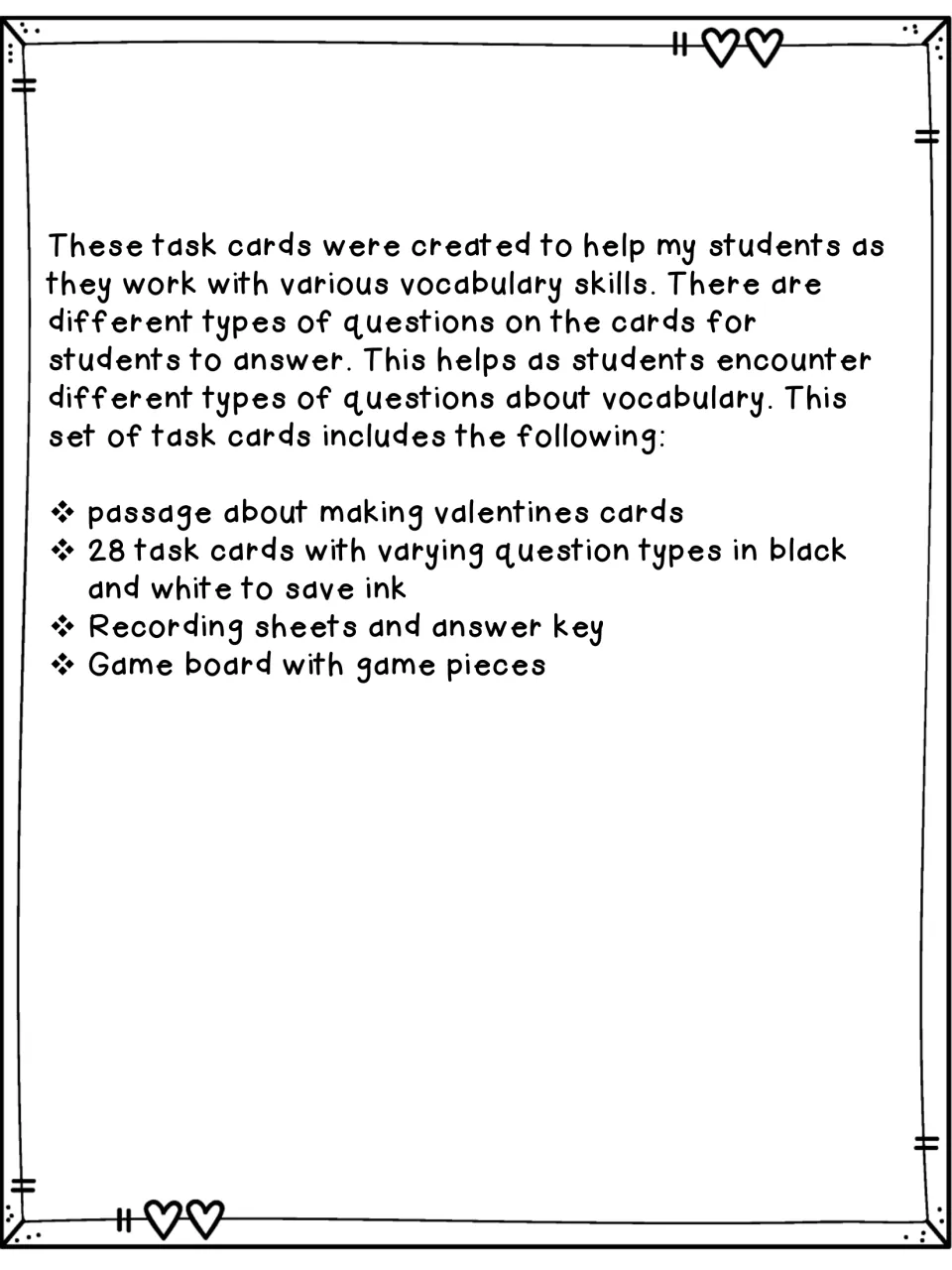 Resource overview lists a passage, 28 vocabulary task cards, recording sheets, an answer key, and a game board