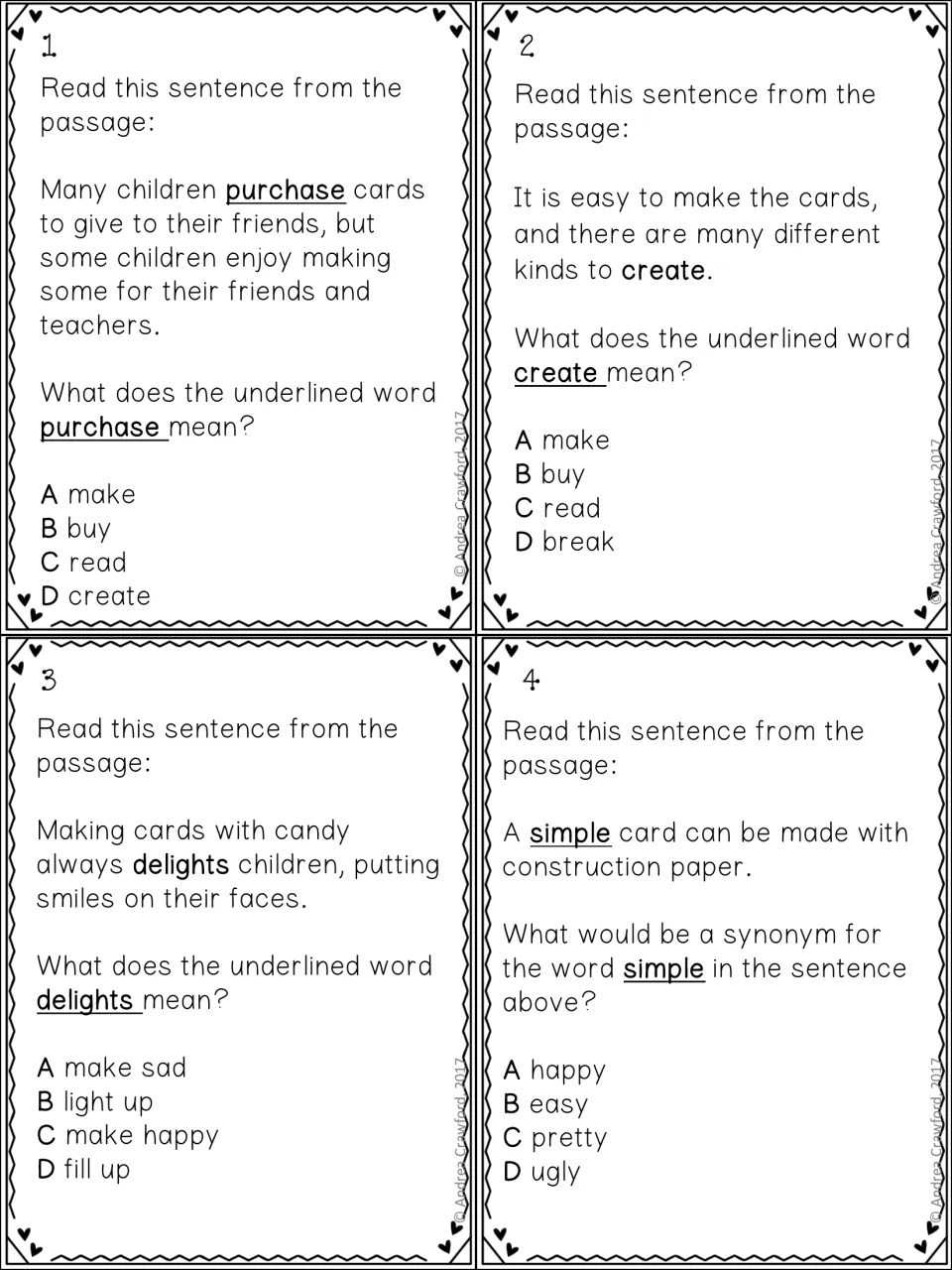 Vocabulary task cards 1–4 ask for meanings of purchase, create, and delights, plus a synonym for simple