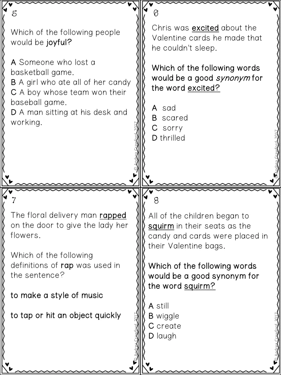 Vocabulary task cards 5–8 ask about joyful, synonyms for excited and squirm, and the meaning of rapped
