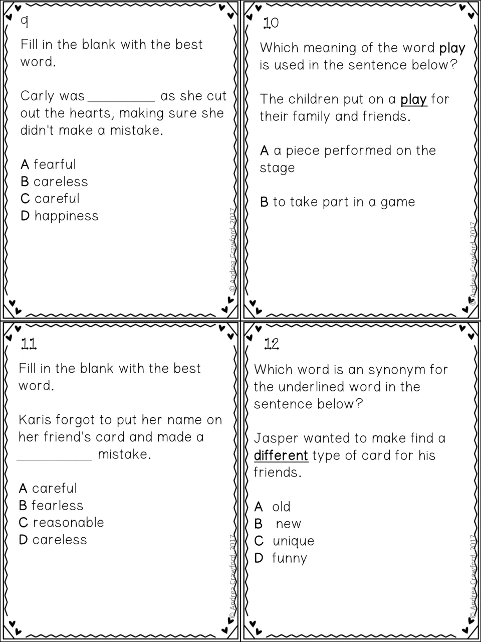 Vocabulary task cards 9–12 cover careful and careless, the meaning of play, and a synonym for different