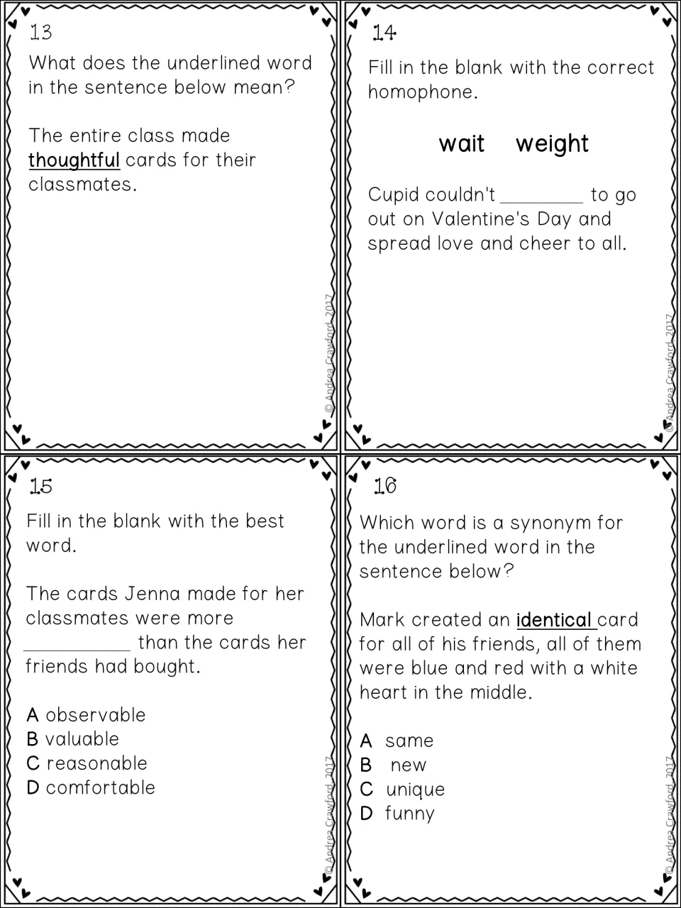 Vocabulary task cards 13–16 cover thoughtful, the homophones wait and weight, valuable, and identical