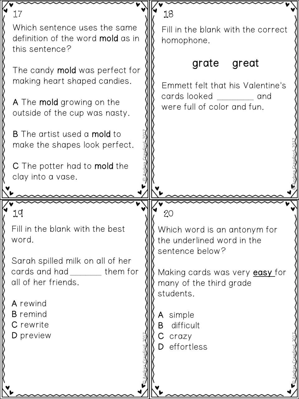 Vocabulary task cards 17–20 cover meanings of mold, the homophones grate and great, rewrite, and easy
