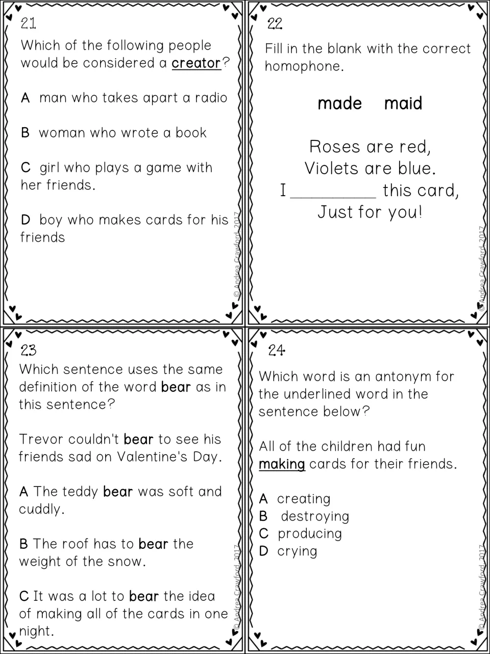 Vocabulary task cards 21–24 cover creator, the homophones made and maid, meanings of bear, and antonyms