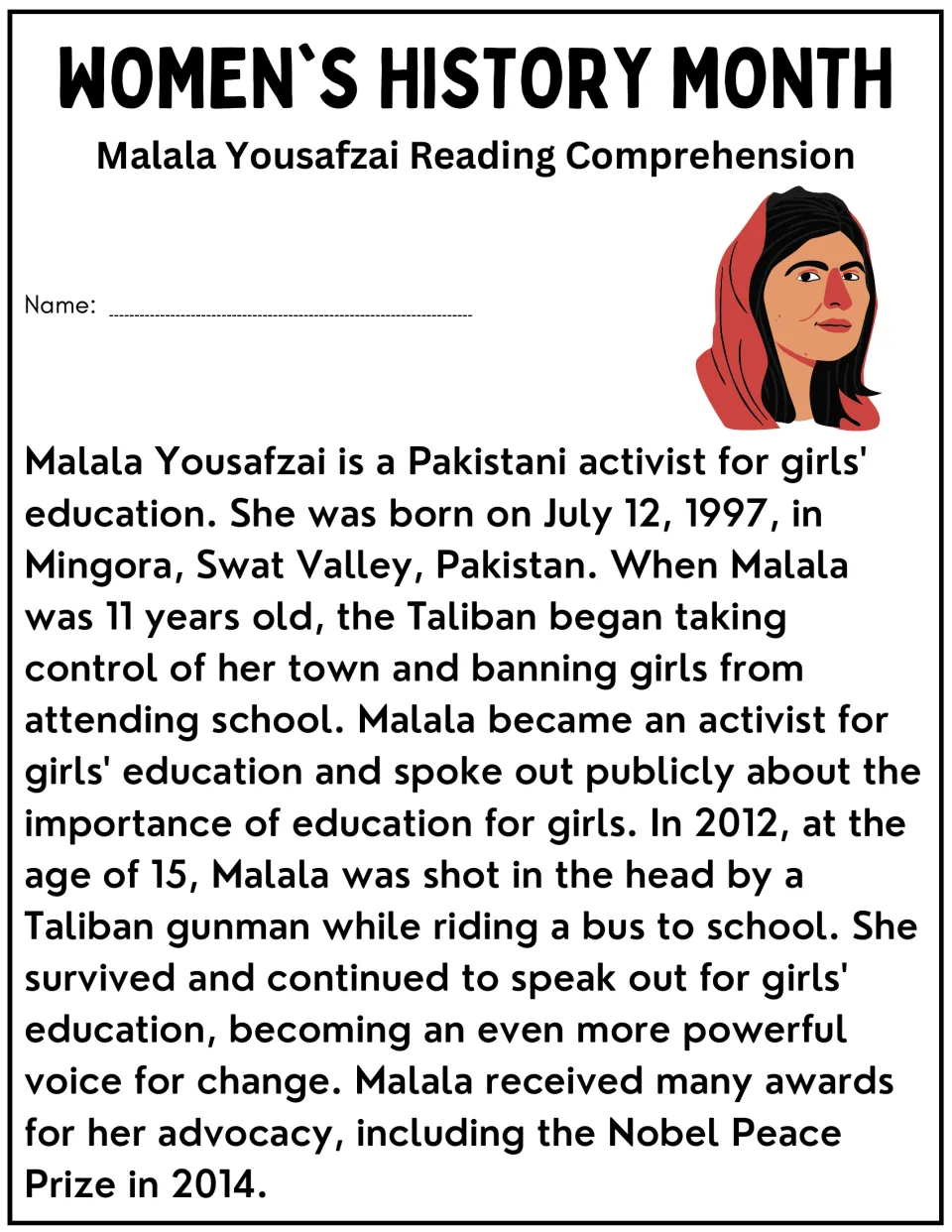 Malala Yousafzai biography passage: students read about her girls' education activism, the 2012 attack and Nobel Prize