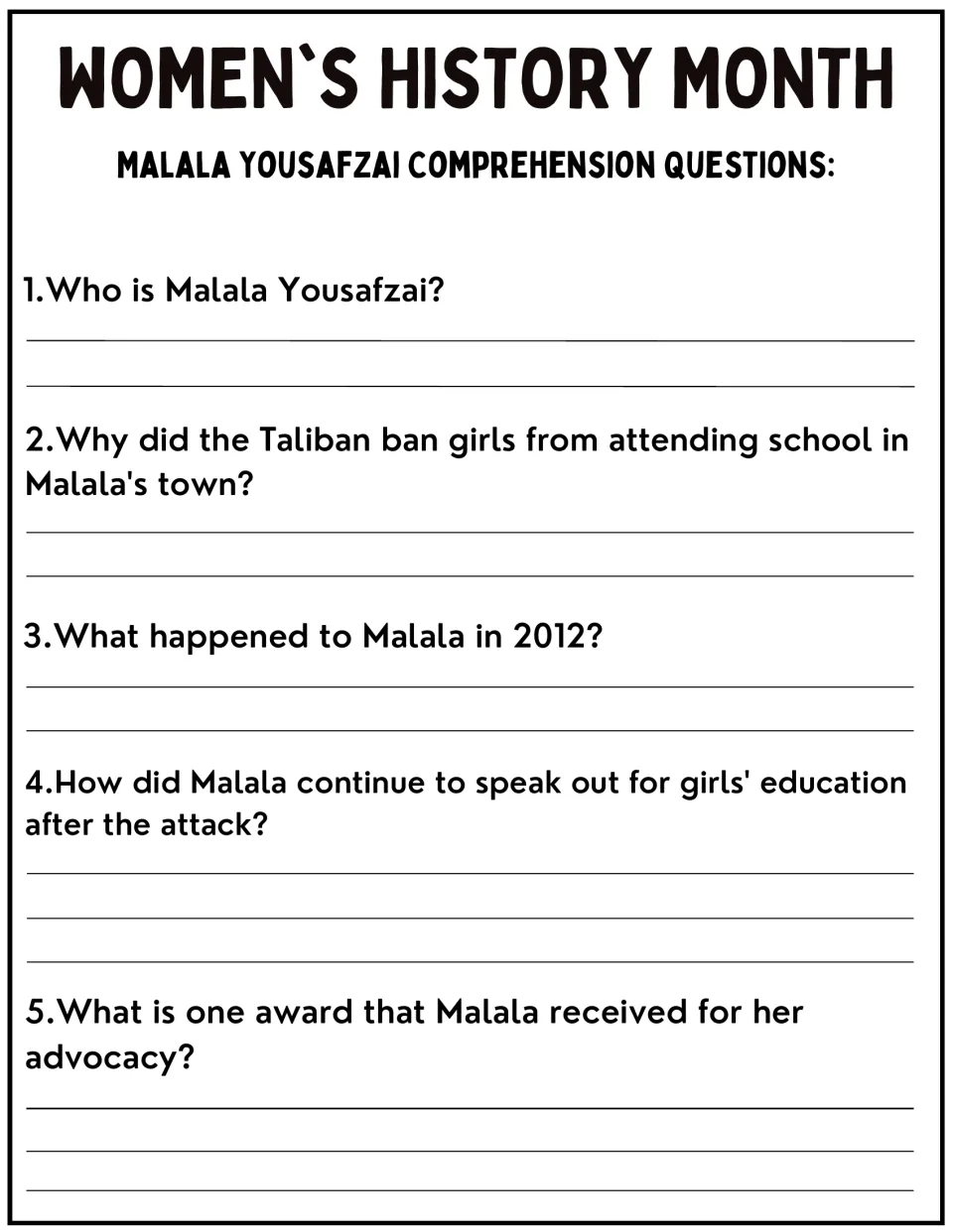 Malala Yousafzai comprehension questions: students write answers to 5 questions on her activism, the Taliban ban and awards