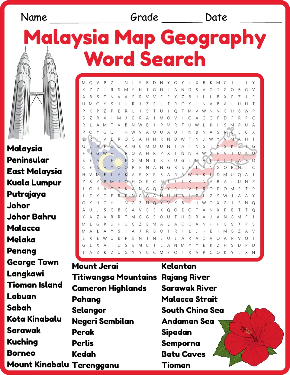 Malaysia geography word search in color: students find places like Kuala Lumpur, Borneo, Sabah and Mount Kinabalu