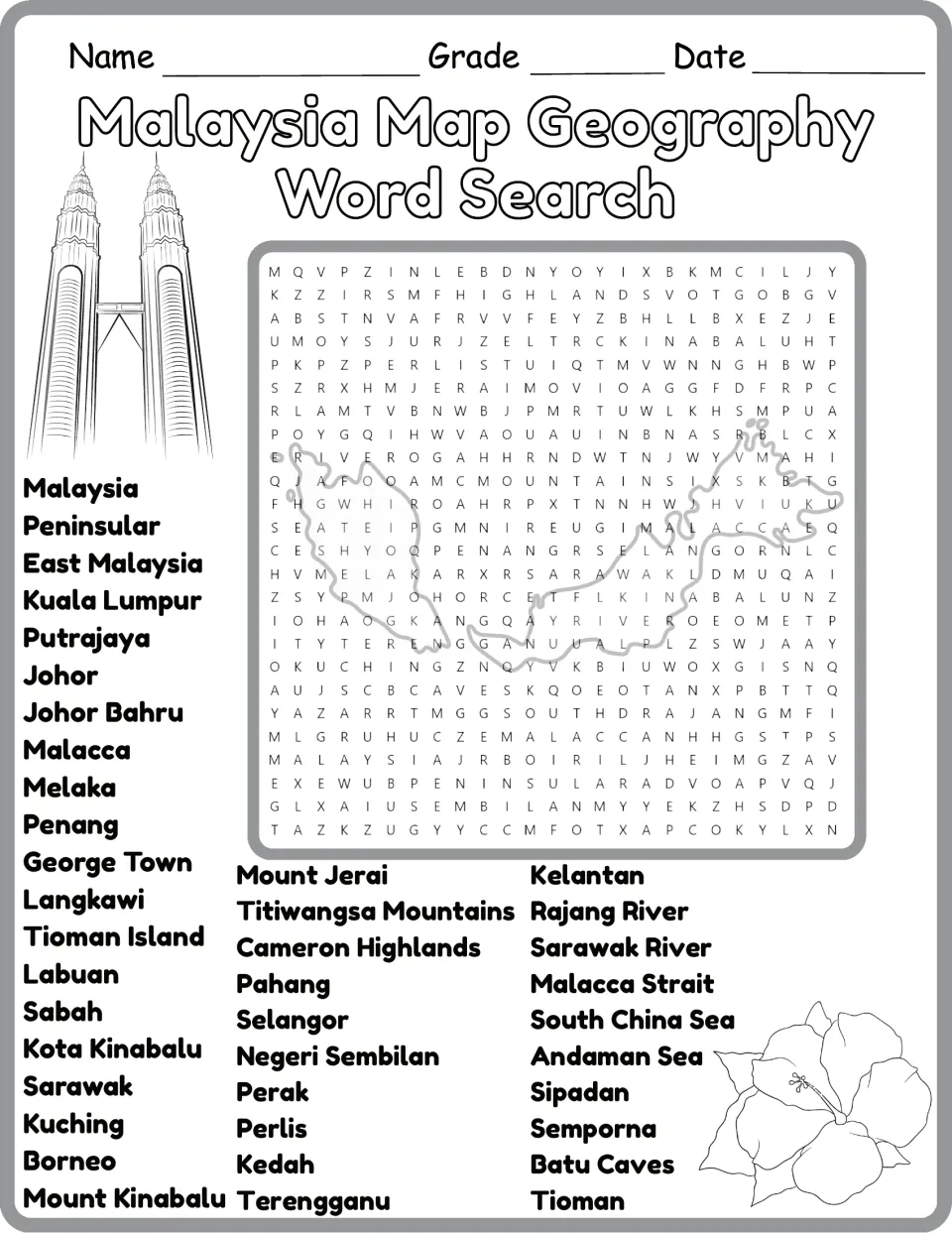 Black-and-white Malaysia word search: students hunt for states, islands and seas such as Selangor, Langkawi and Andaman Sea