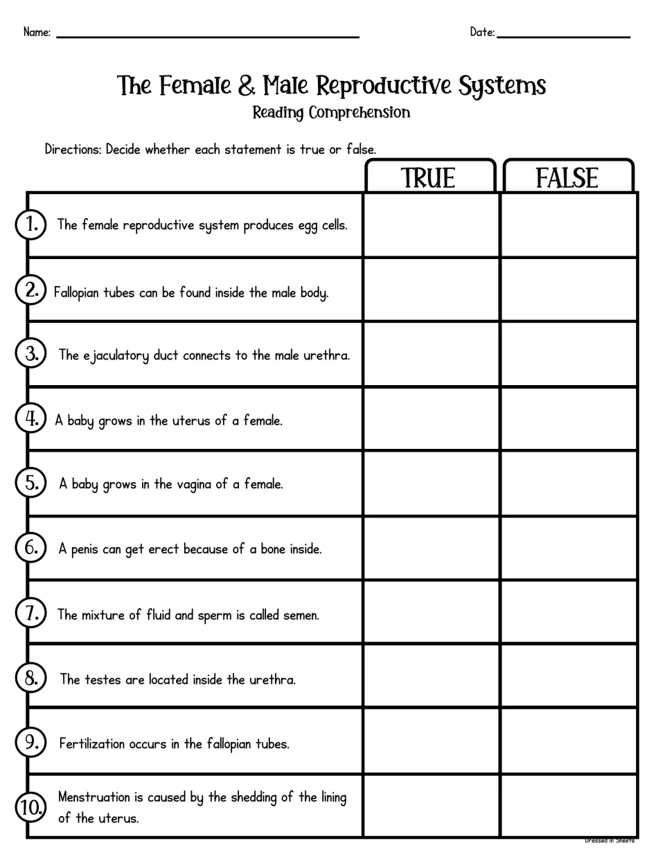 Reproductive systems reading comprehension: students mark 10 statements about anatomy and fertilization as true or false