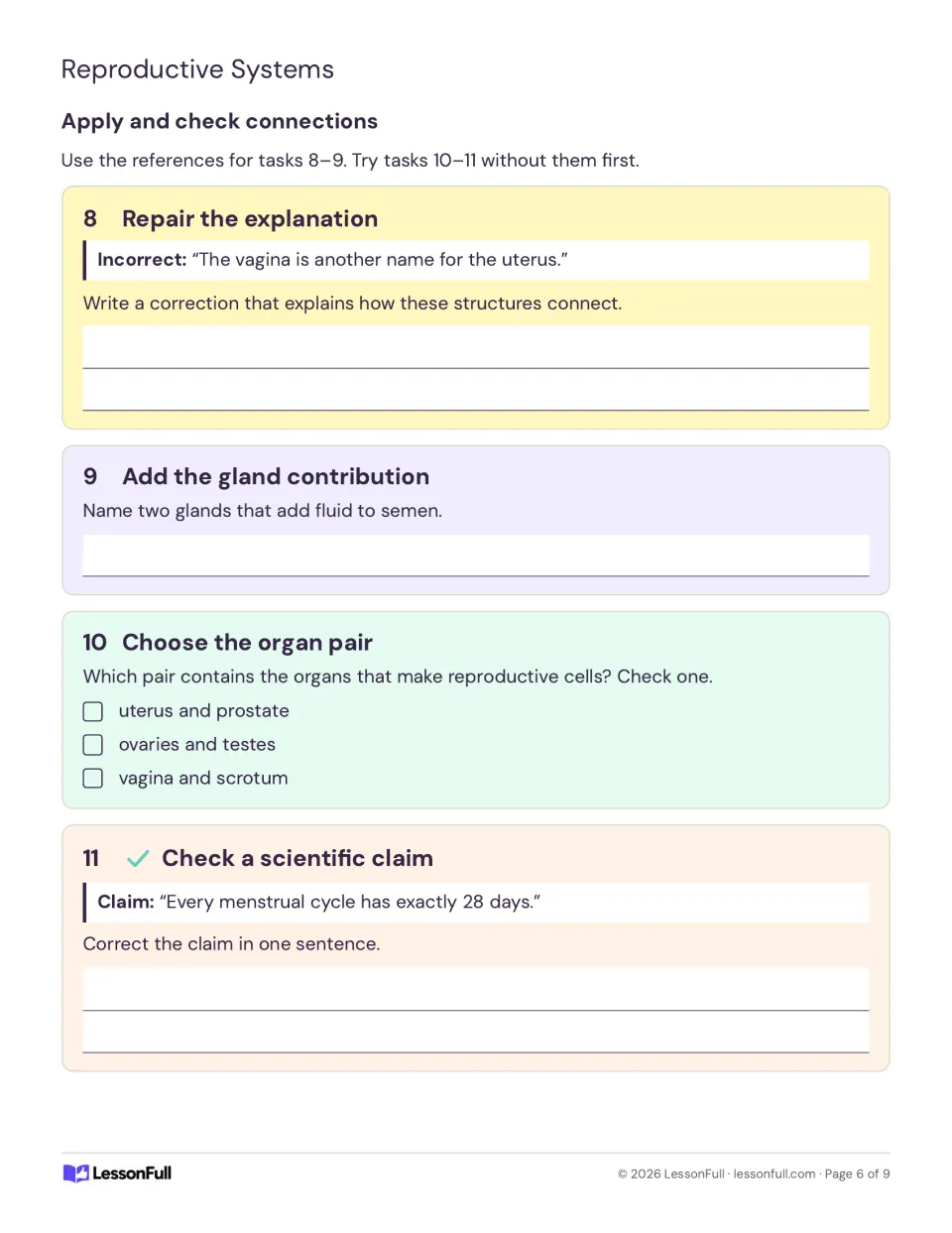 Review tasks 8–11 check uterus and vagina distinctions, semen glands, reproductive organs, and cycle length.
