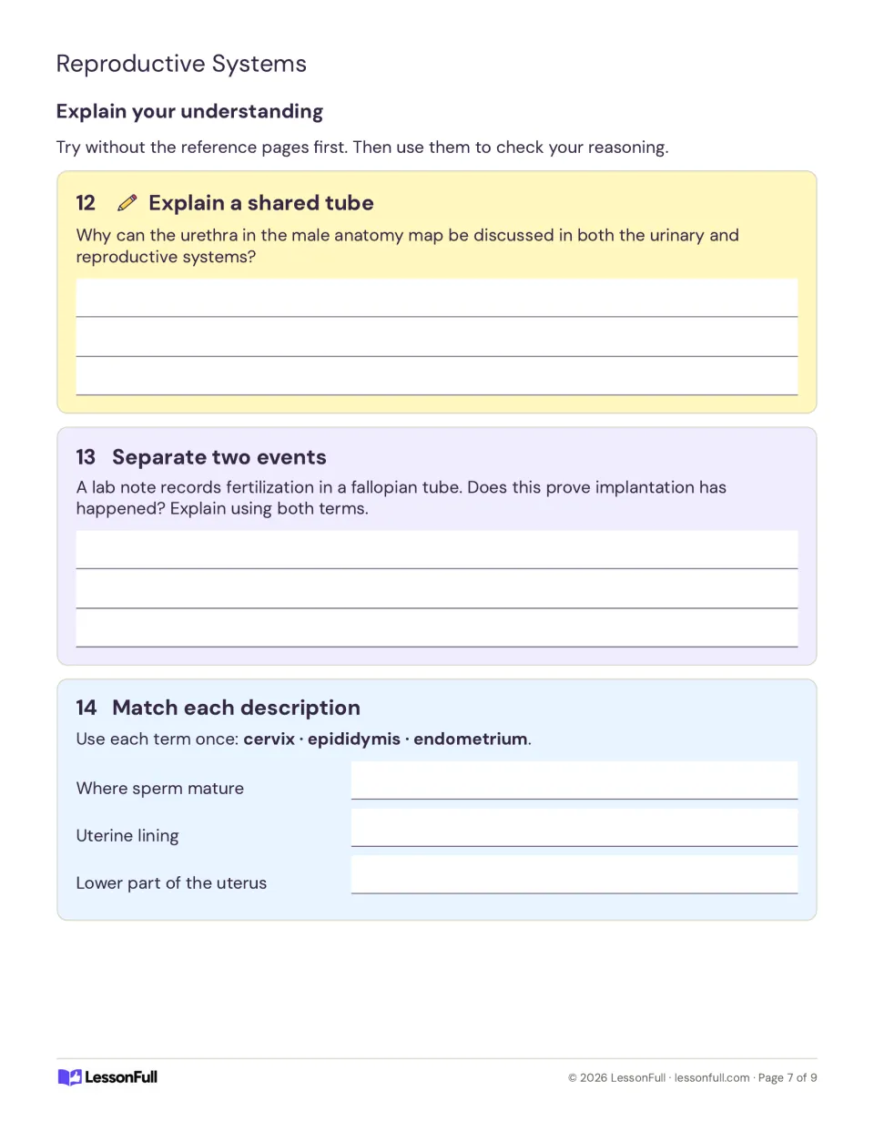 Review tasks 12–14 cover the urethra, fertilization versus implantation, and matching three anatomy terms.