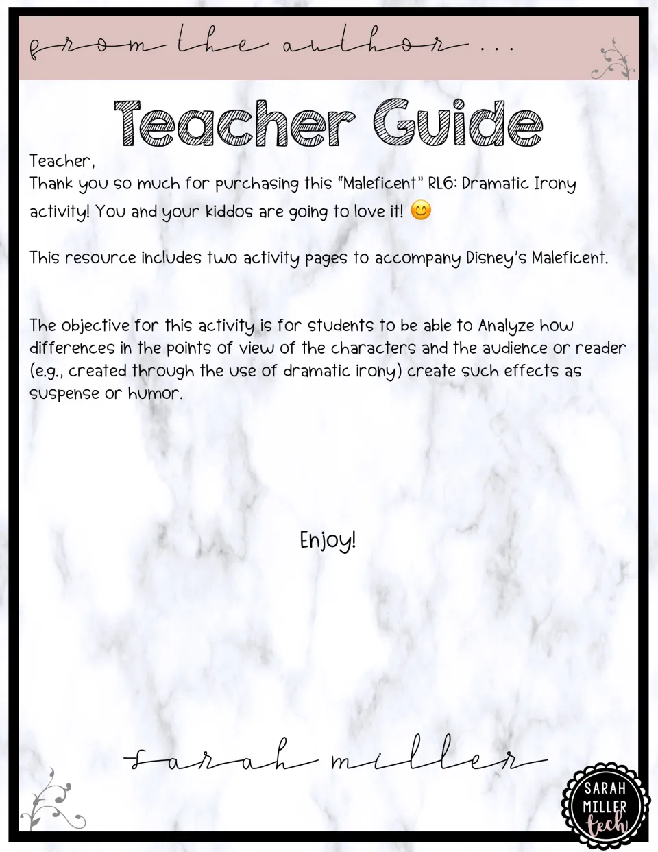 Teacher guide for a Maleficent RL6 dramatic irony activity, stating its objective and that two activity pages follow