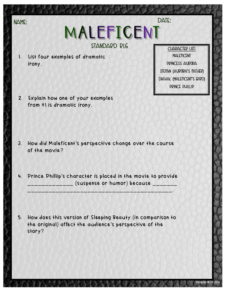 Dramatic irony in Maleficent: students list four examples, explain one, and analyze perspective changes in 5 questions