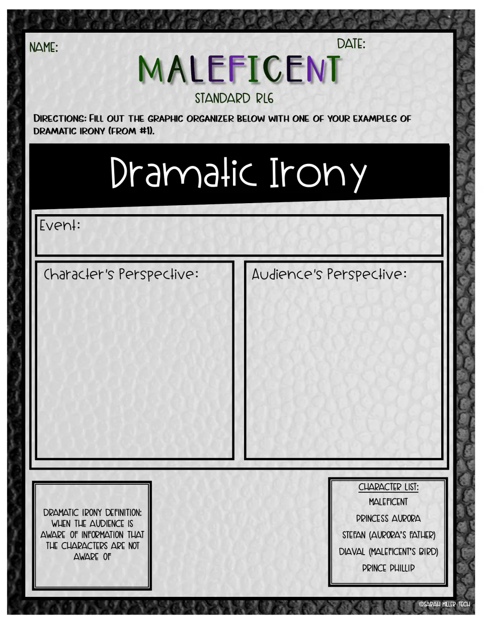 Dramatic irony organizer: students record one event from Maleficent with the character's and audience's perspectives