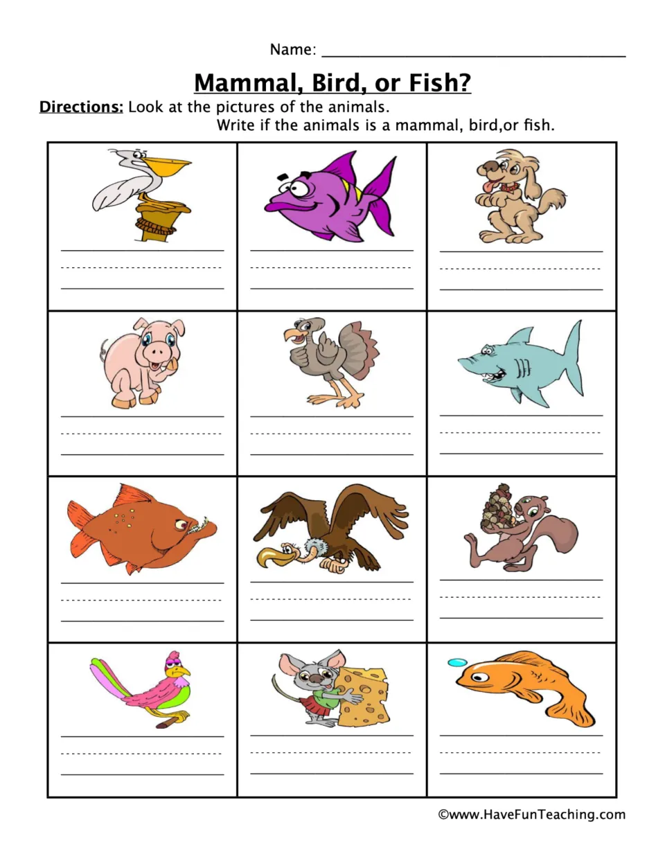 Animal classification worksheet: label 12 animals, including a pelican, pig, and shark, as mammal, bird, or fish