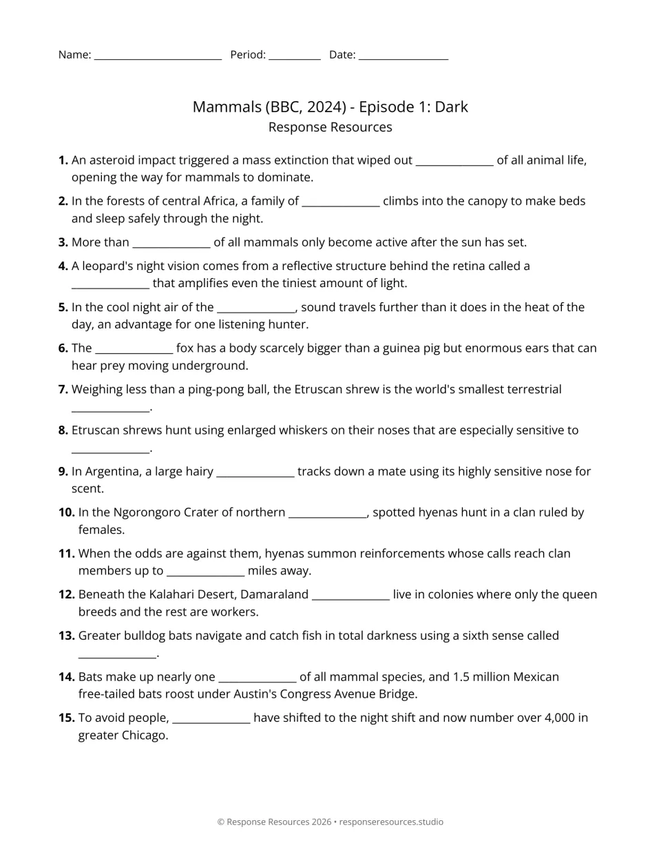 Viewing worksheet: 15 fill-in-the-blank questions about nocturnal mammals, night vision, and echolocation