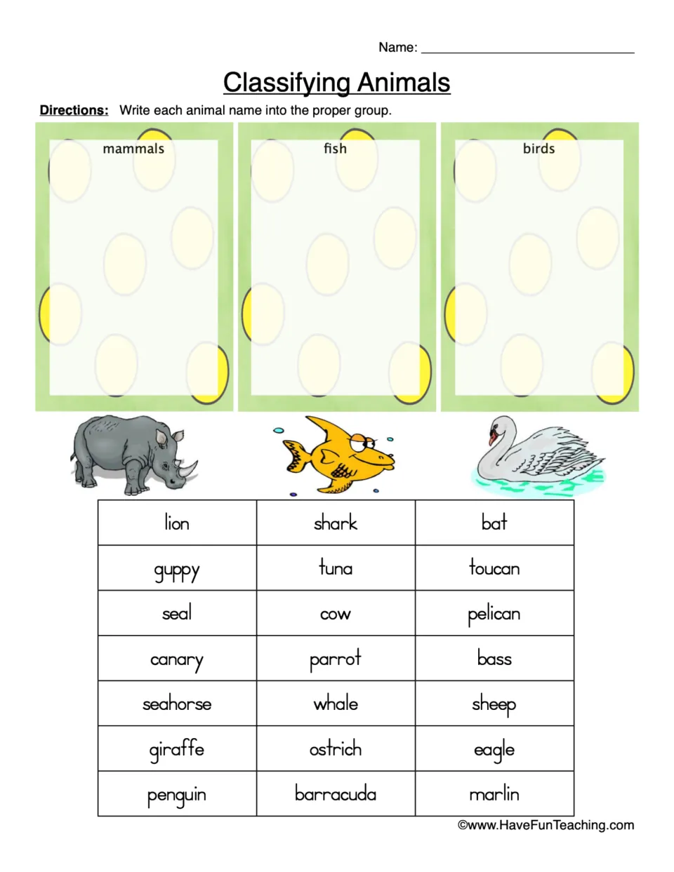 Animal classification worksheet: sort 21 animal names, including lion and shark, into mammals, fish, or birds.