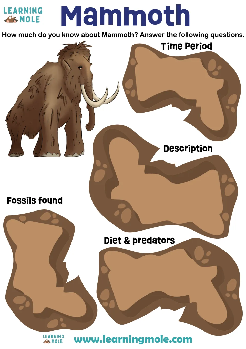 Woolly mammoth research page: students write facts on its time period, description, fossils found, and diet and predators