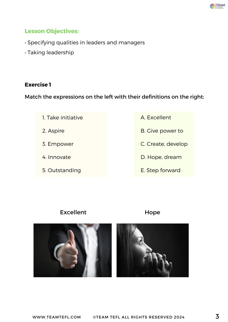 Leadership vocabulary matching: students pair take initiative, aspire, empower, innovate and outstanding with definitions