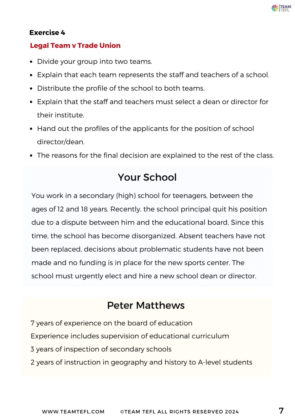 Choosing a school director: teams read a profile of a disorganized school and the first applicant, Peter Matthews