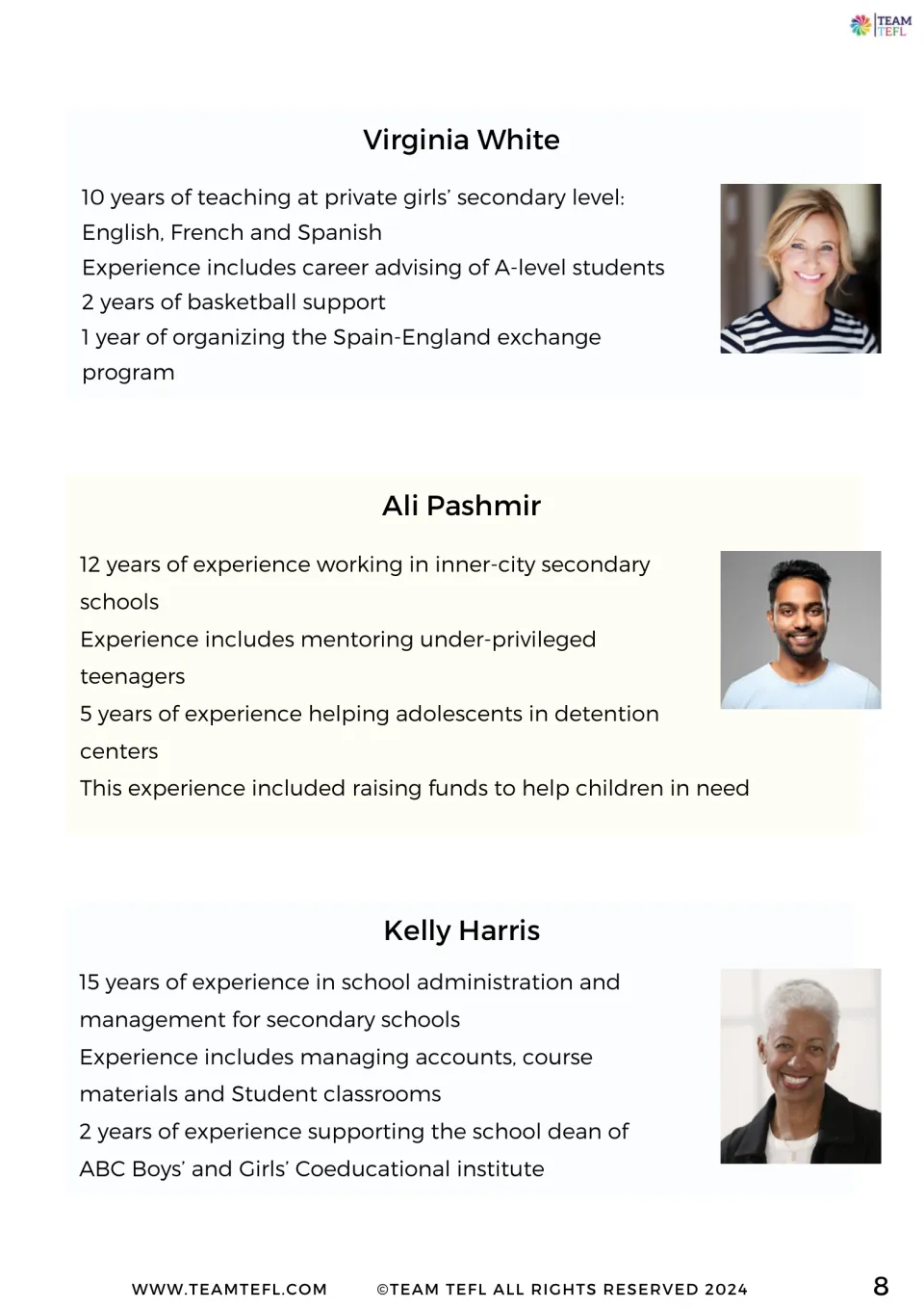 Applicant profiles for school director: Virginia White, Ali Pashmir and Kelly Harris, each listing years of experience