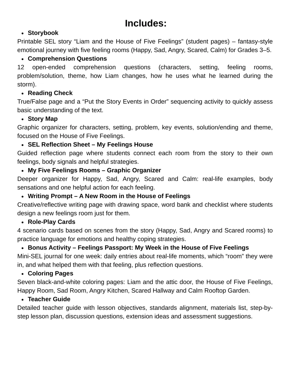 Contents overview lists the SEL story, comprehension questions, reading check, reflection sheets and more
