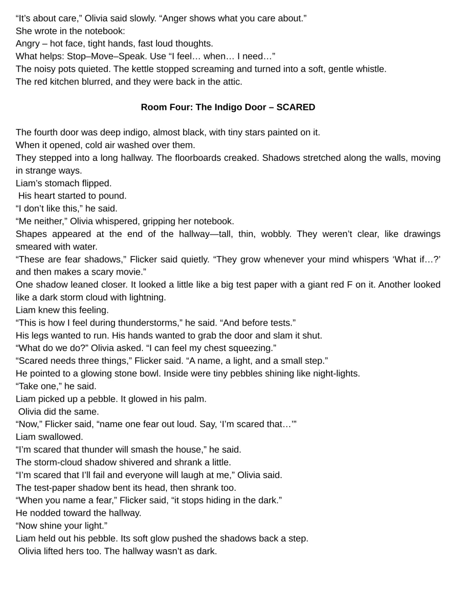 SEL story moves from anger to the Scared hallway, where Liam and Olivia name fears and hold glowing pebbles