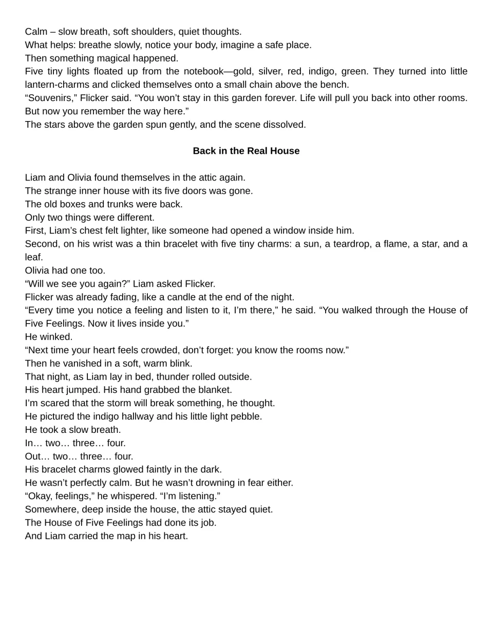 SEL story ending: Liam and Olivia return with charm bracelets, and Liam uses slow breathing during thunder