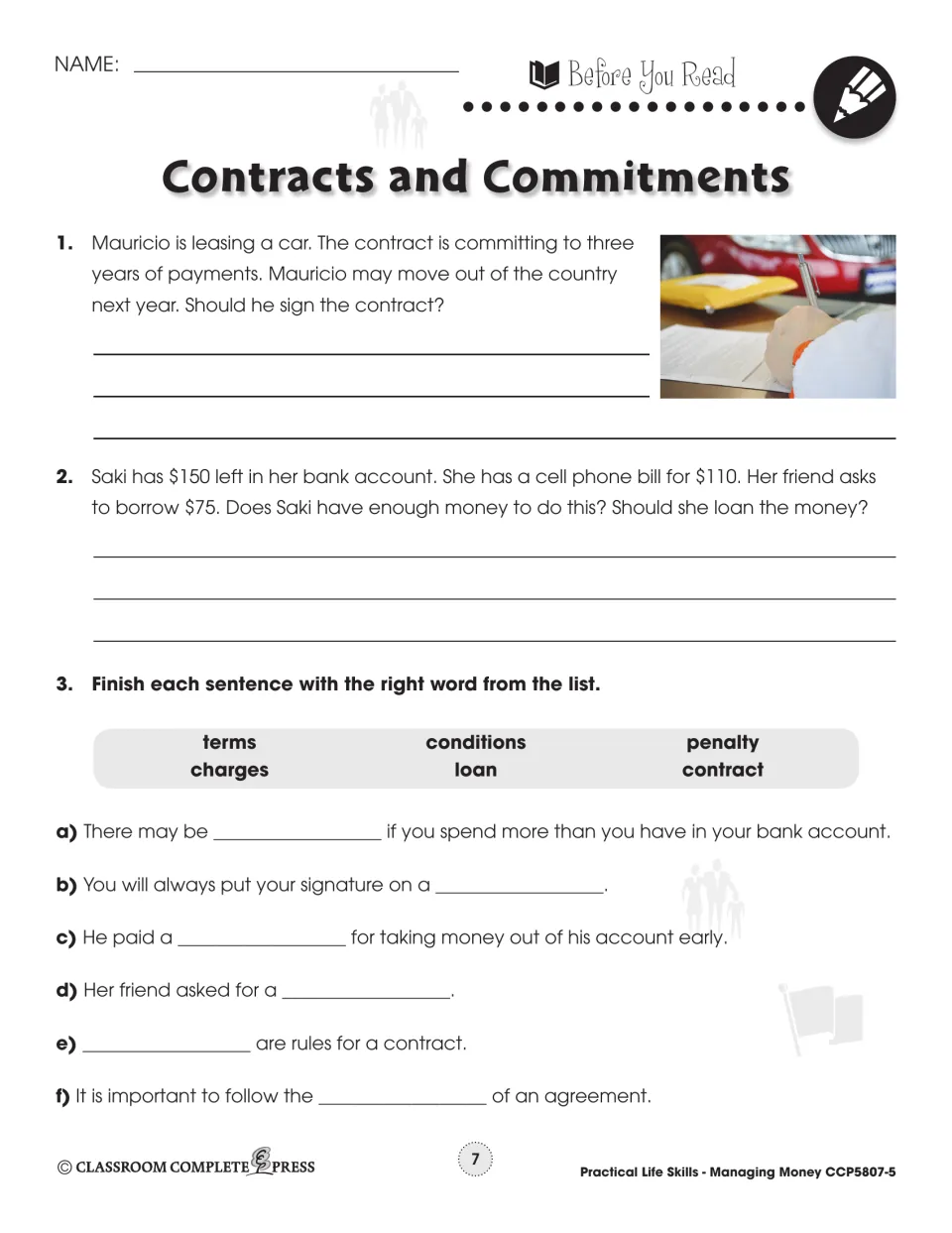 Before You Read: should Mauricio sign a 3-year car lease, can Saki lend $75, and fill-ins with terms, penalty, loan