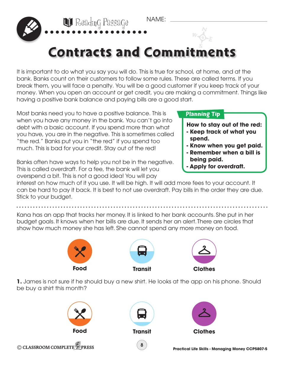 Reading passage part 1: terms, penalties, staying out of the red, overdraft, and James's shirt budget app question