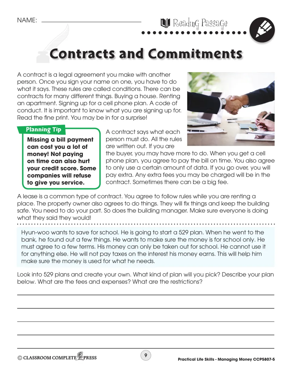 Reading passage part 2: what a contract is, cell phone plans, leases, and Hyun-woo's 529 plan with a research task