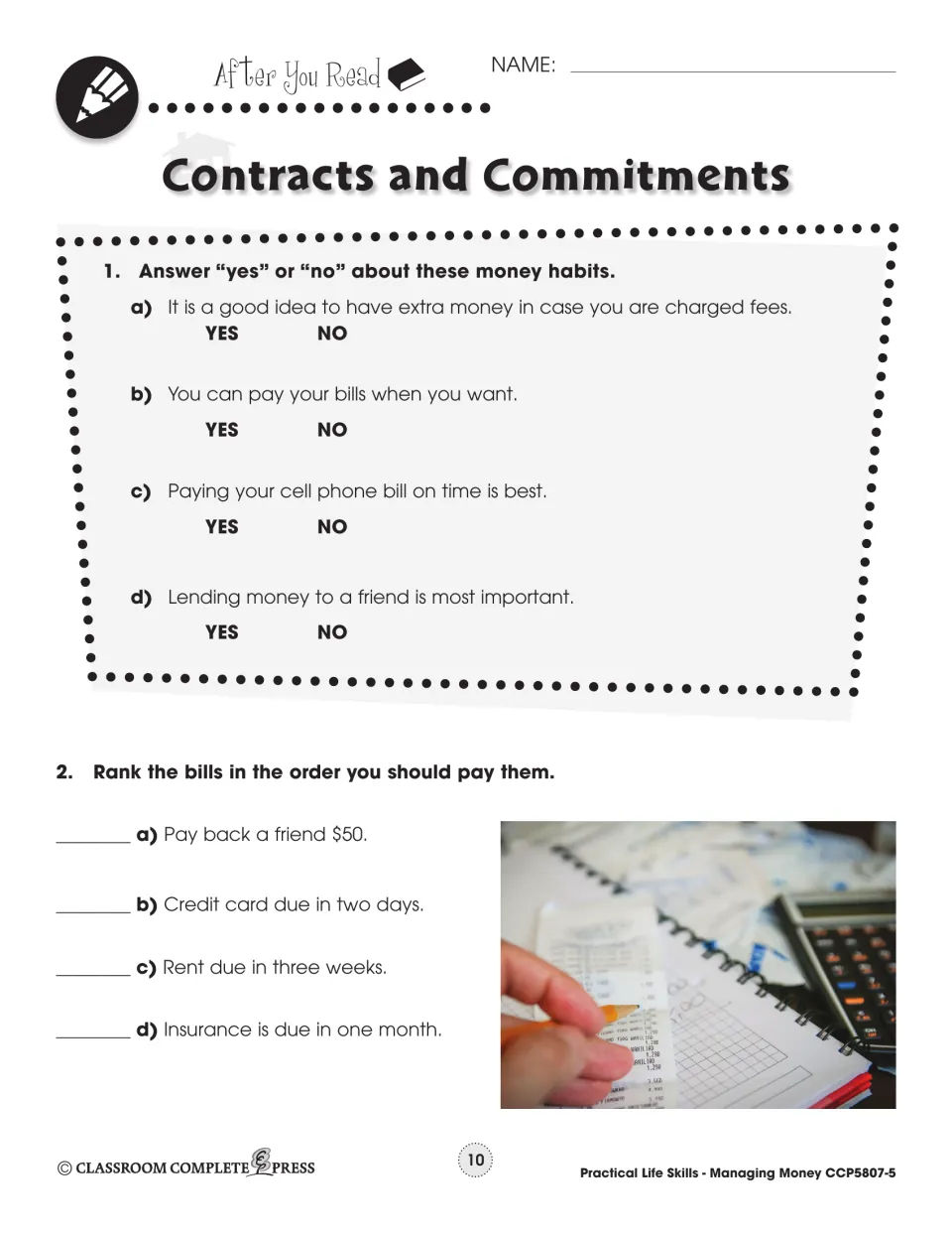 After You Read: four yes-or-no money habit questions and ranking bills like rent, insurance and a credit card