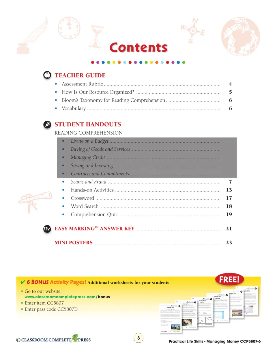 Contents lists the teacher guide, scams lesson, hands-on activities, puzzles, quiz, answer key and mini posters