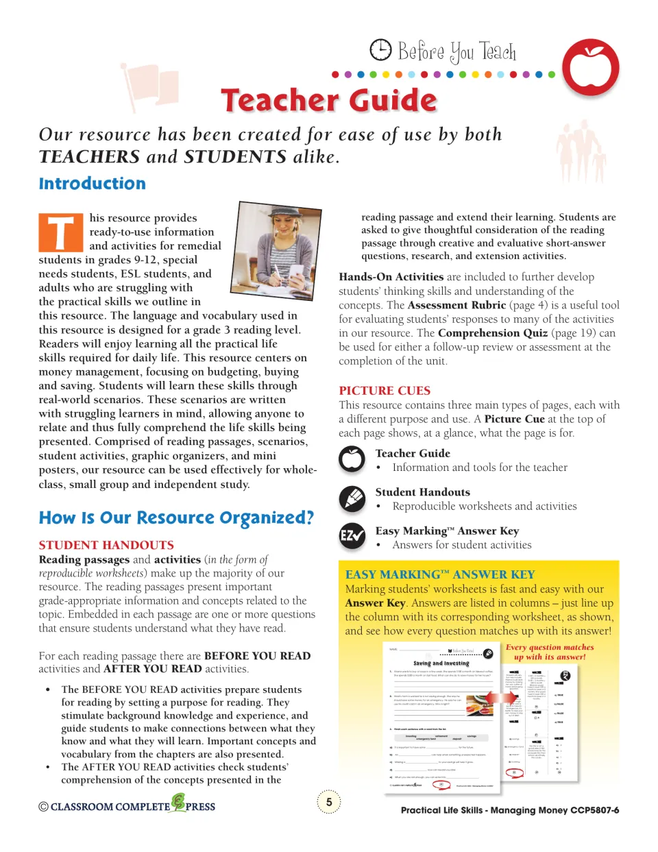 Teacher guide explains the reading level, before- and after-reading tasks, hands-on activities and answer key