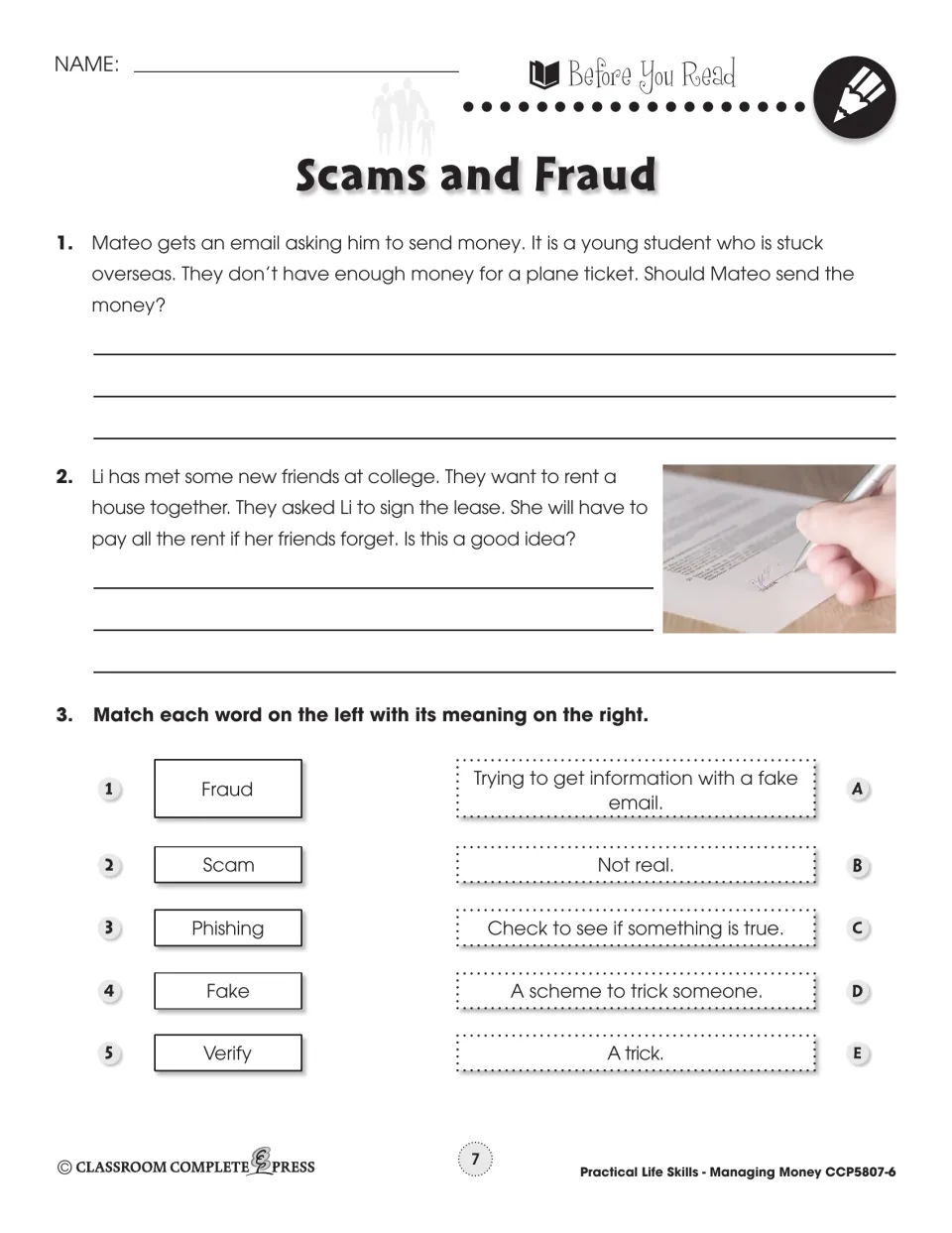Before-reading tasks ask about an email requesting money and a shared lease, then match five scam-related words