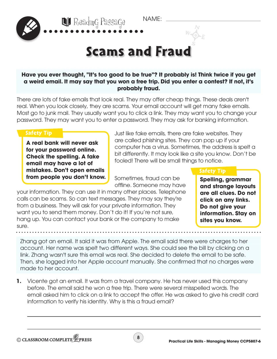 First reading passage covers fake emails, phishing sites and phone scams, then asks why a trip offer is fraud
