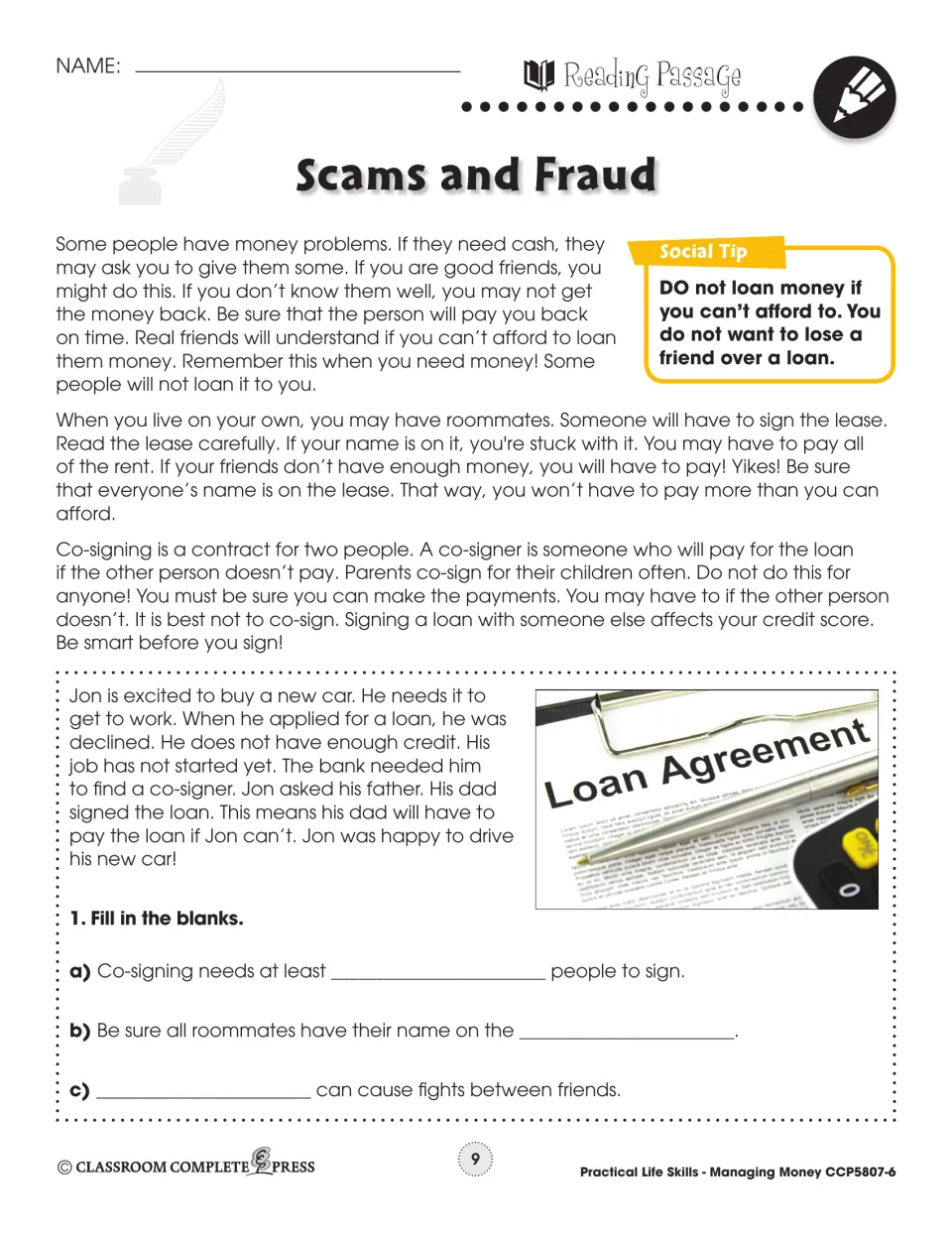 Second reading passage covers lending to friends, shared leases and co-signing, followed by fill-in questions