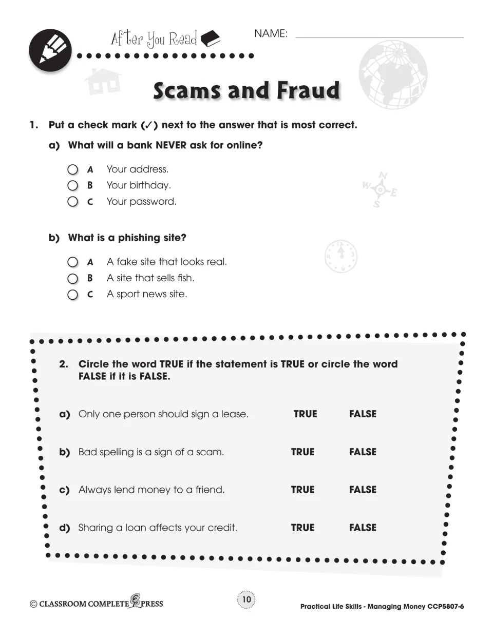 After-reading questions check passwords, phishing, leases, scam clues, lending to friends and shared loans