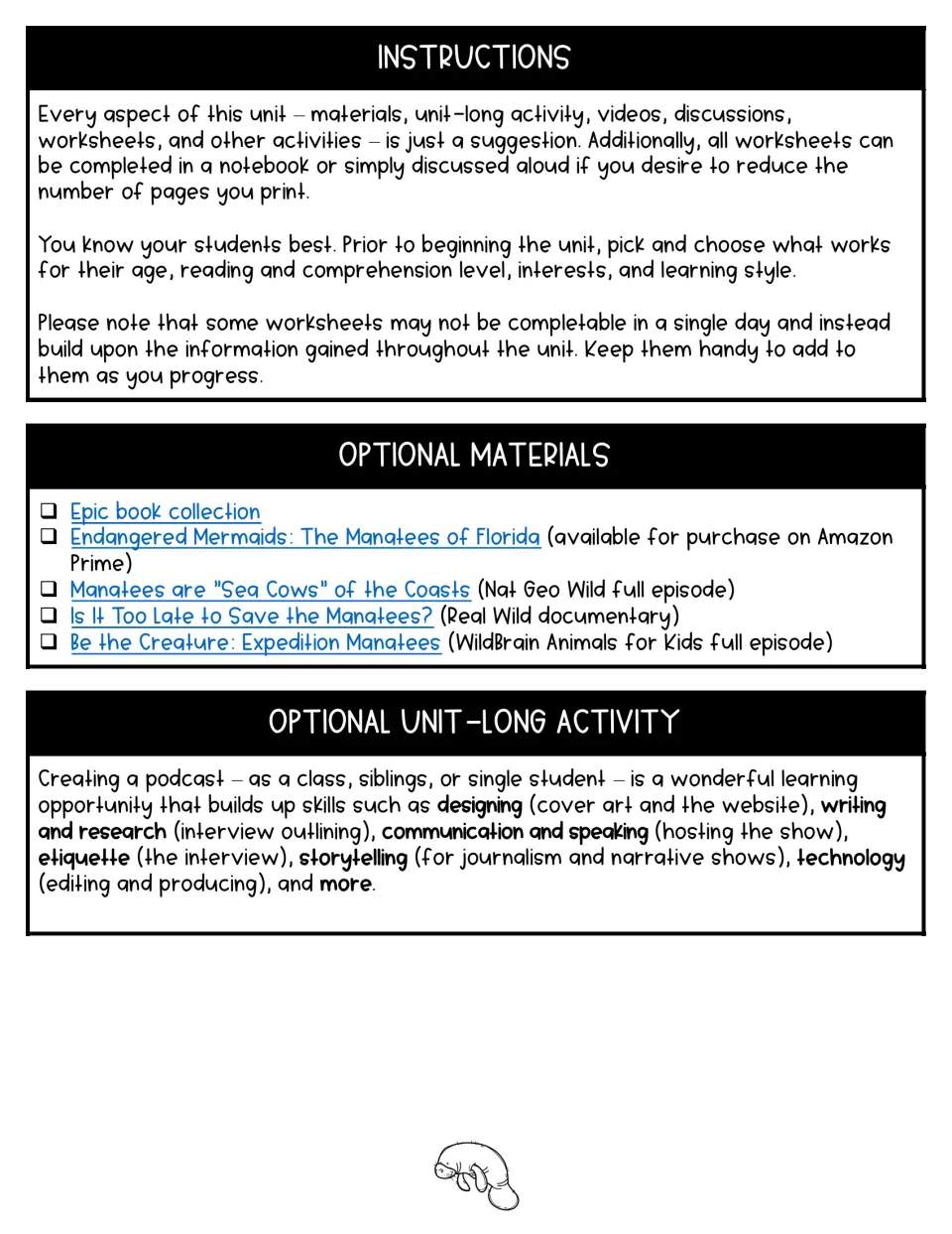 Manatee unit instructions explain flexible worksheet use, list optional materials, and suggest a podcast project.