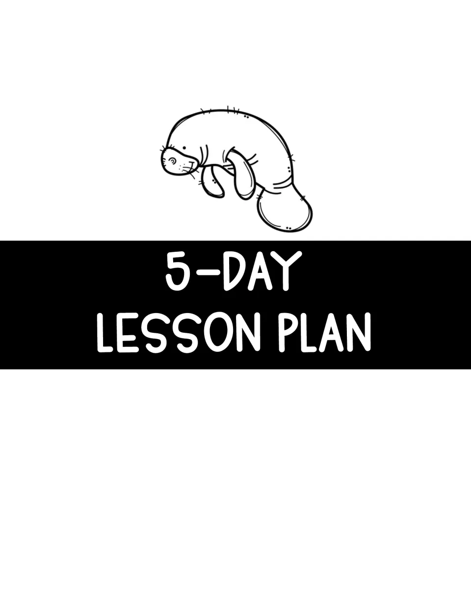 Section divider labeled '5-Day Lesson Plan' introduces the daily teaching sequence for the manatee unit.