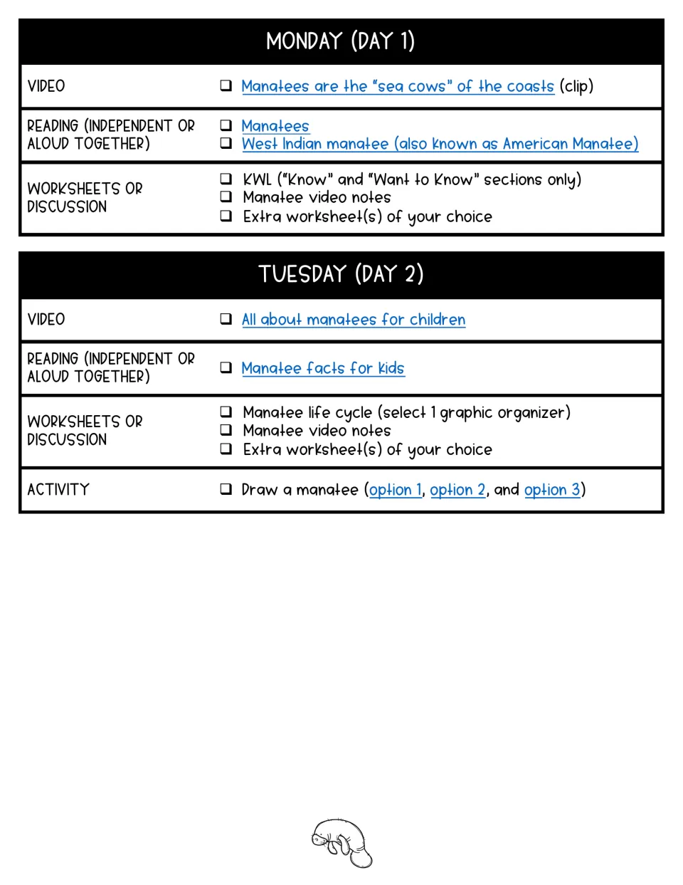 Manatee lesson days 1–2 list videos, readings, KWL work, life cycle organizers, video notes, and drawing.