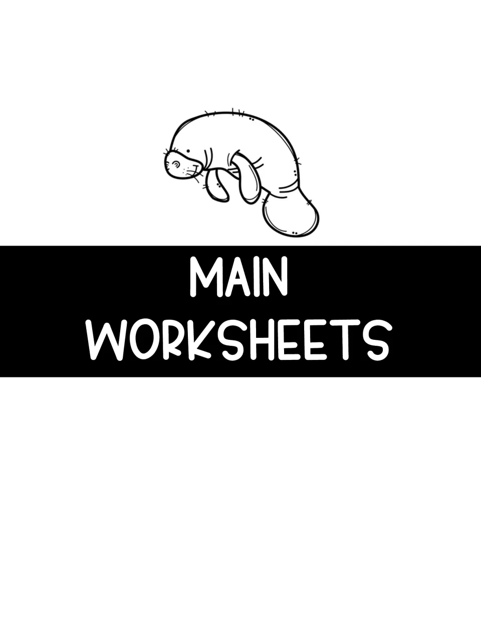 Section divider labeled 'Main Worksheets' introduces the student worksheet portion of the manatee unit.