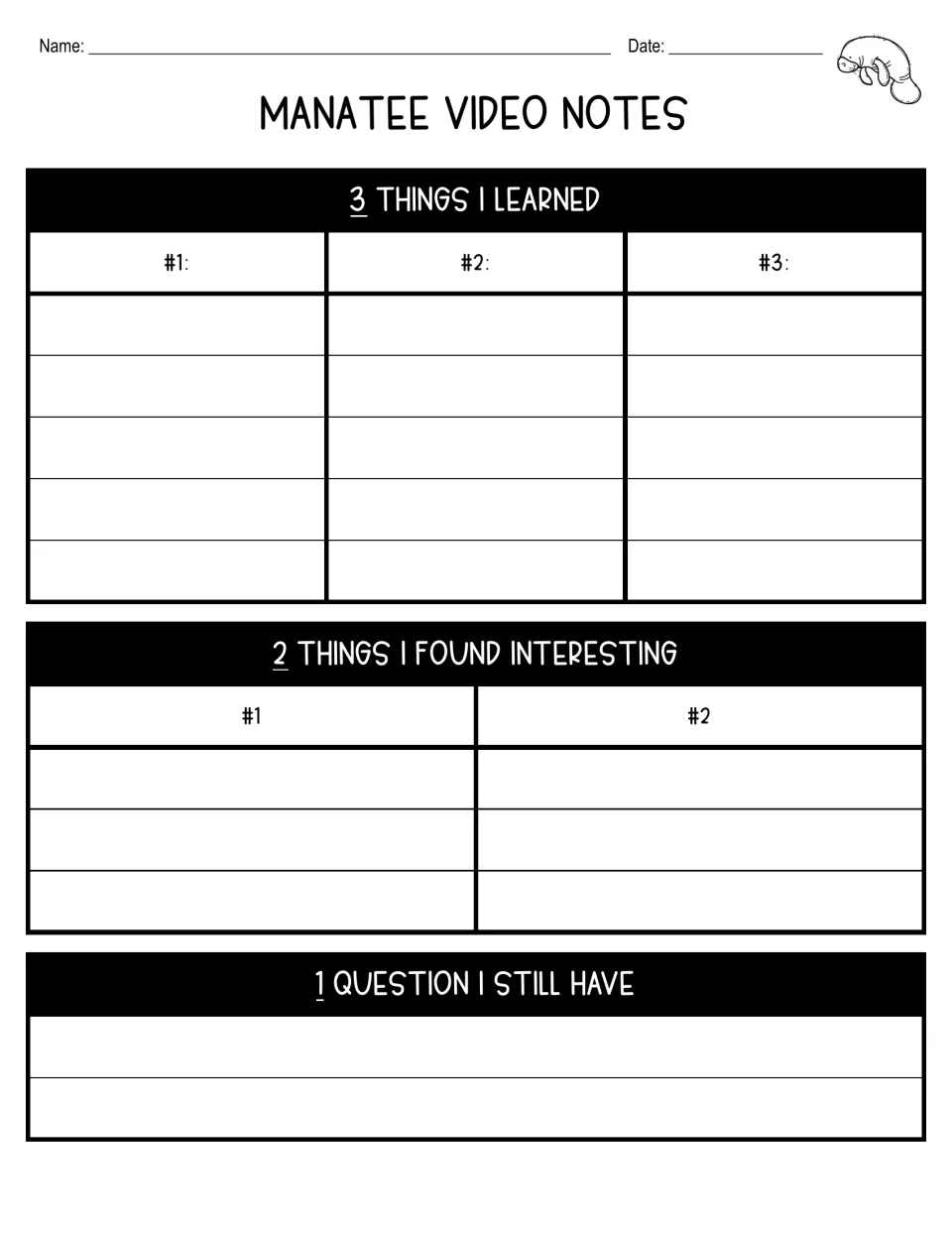 Manatee video notes organizer prompts three things learned, two interesting things, and one remaining question.