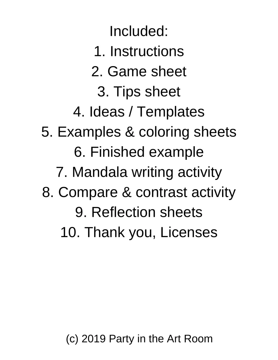Lesson contents listing instructions, game sheet, tips, templates, coloring, writing, and reflection activities