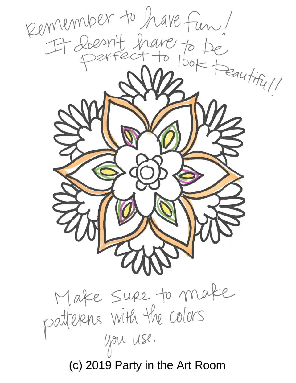 Mandala tips sheet showing a partially colored floral example and reminders to have fun and repeat colors