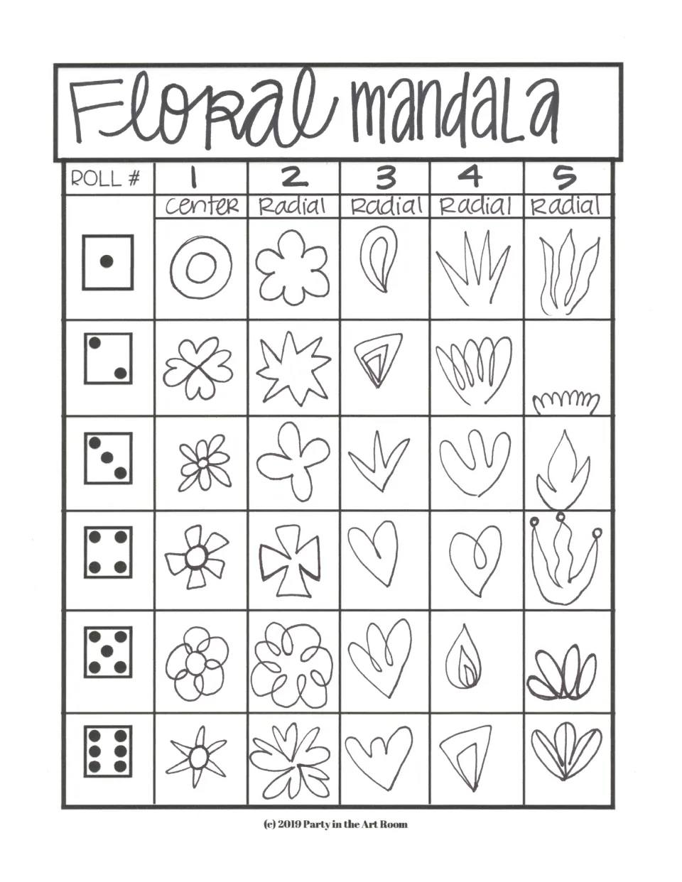 Floral mandala game sheet offering six shape choices for each of five rolls: one center and four radial steps
