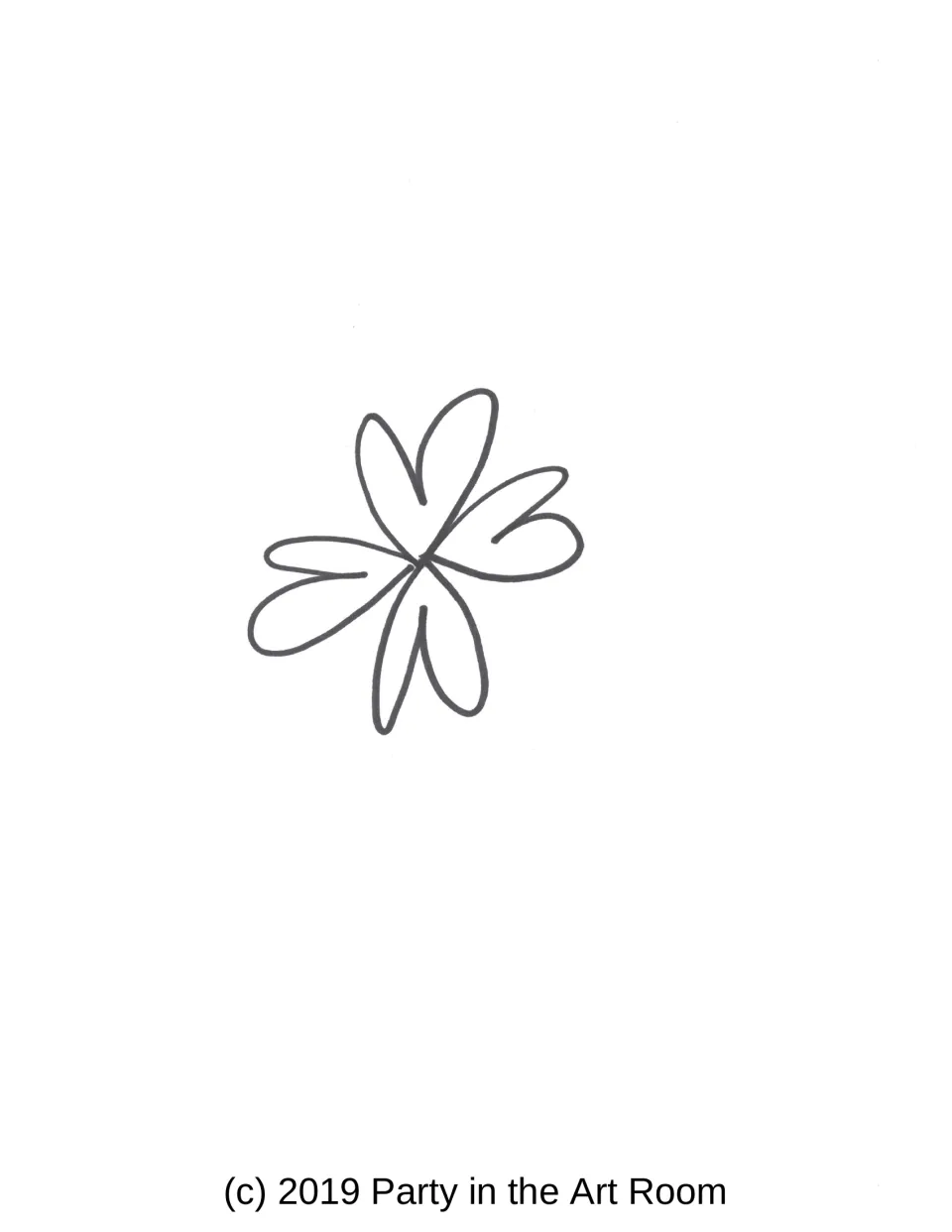 Mandala starter template with four paired rounded petals meeting at the center to begin the drawing game